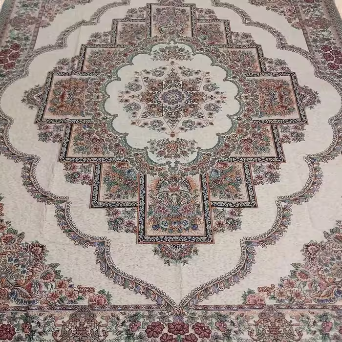 روفرشی مخمل زرکدار 12متری رنگ کرم طرح حوض نقره مدل ستاره ای