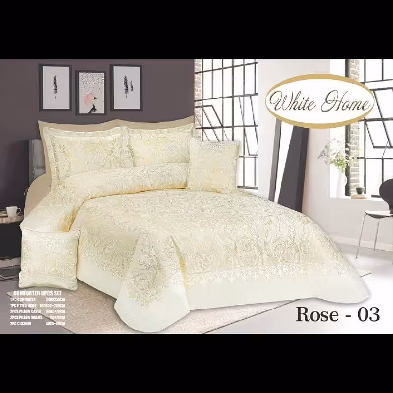 روتختی مخمل پنلی ترک درجه یک برند وایت هوم طرح رز کرم شیری