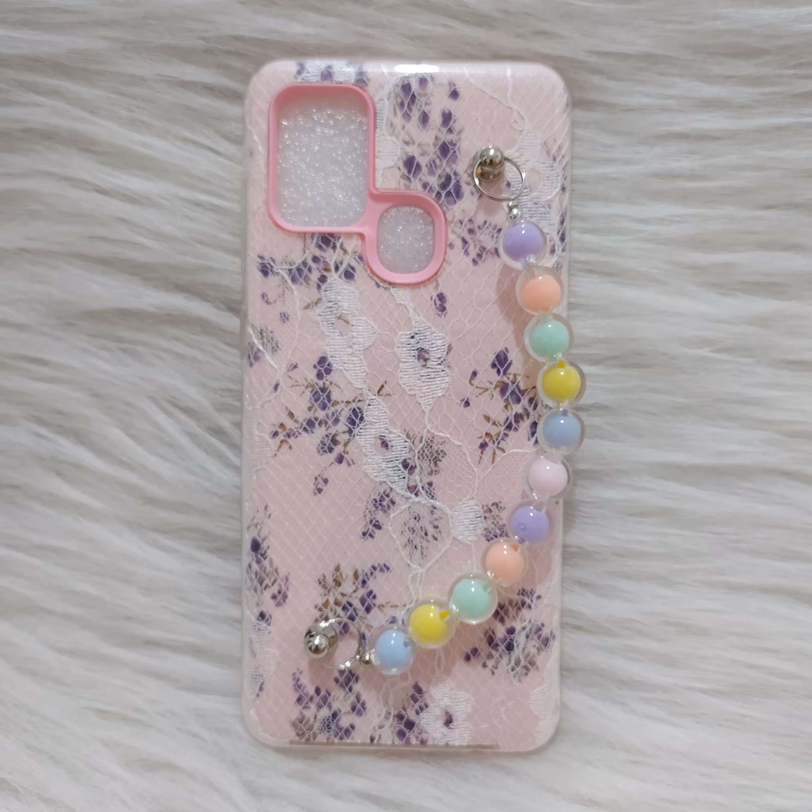 گارد سامسونگ A21s ژله ای سه تیکه اکلیلی به همراه زنجیر مرواریدی رنگ صورتی 