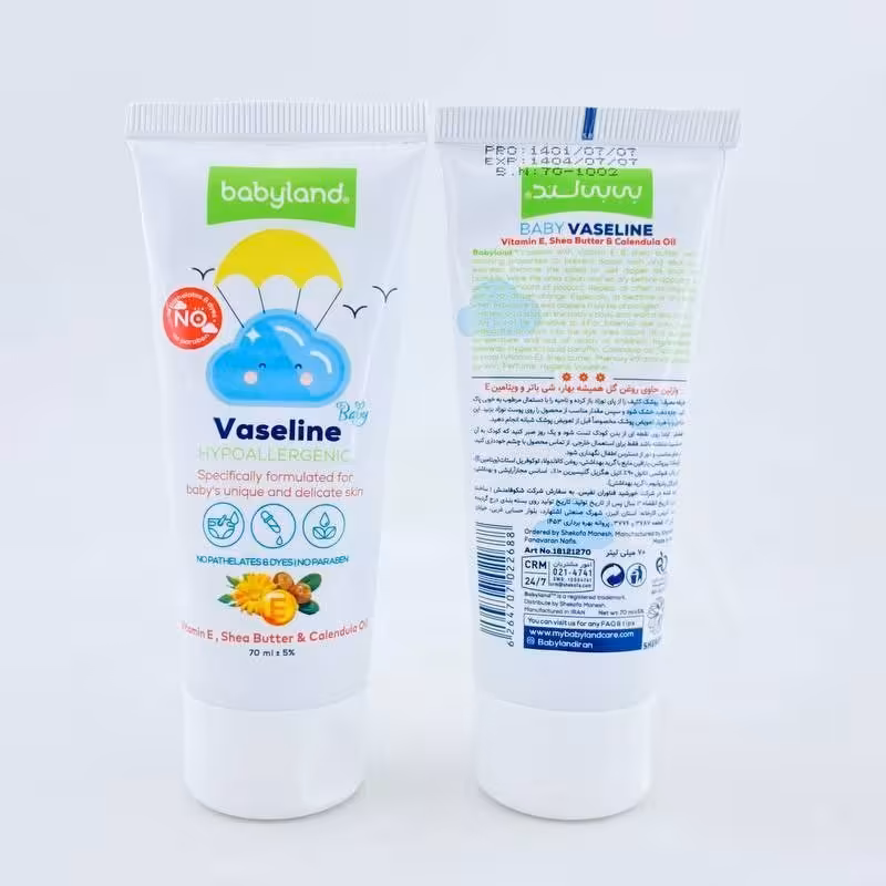 وازلین نوزادان و کودکان ویتامینه بی بی لند مخصوص پوست های حساس حاوی روغن گل همیشه بهار، شی باتر و ویتامین E
