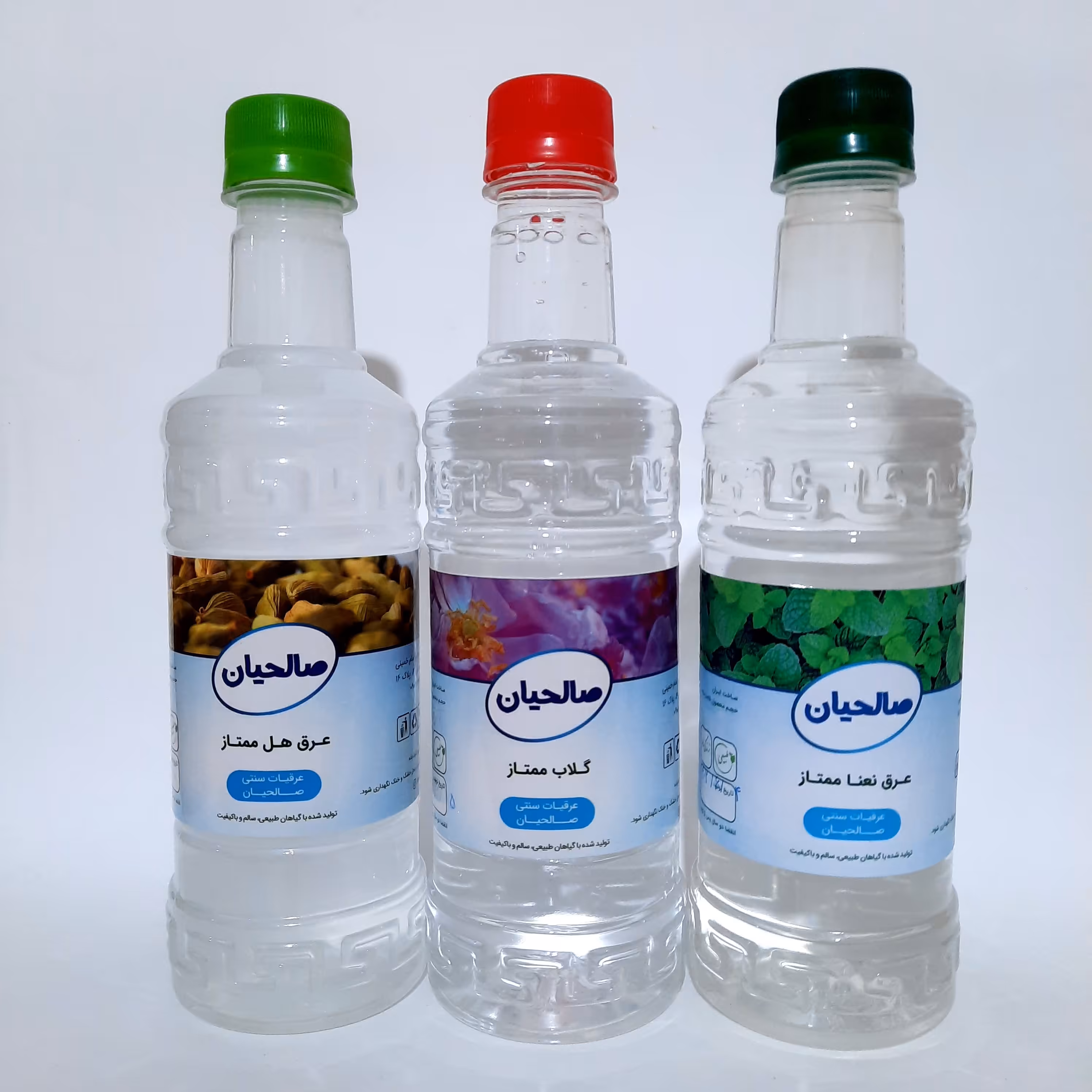 پک 3 عددی عرقیات دوآتیشه نیم لیتری (گلاب ممتاز، عرق نعنا ممتاز، عرق هل ممتاز)