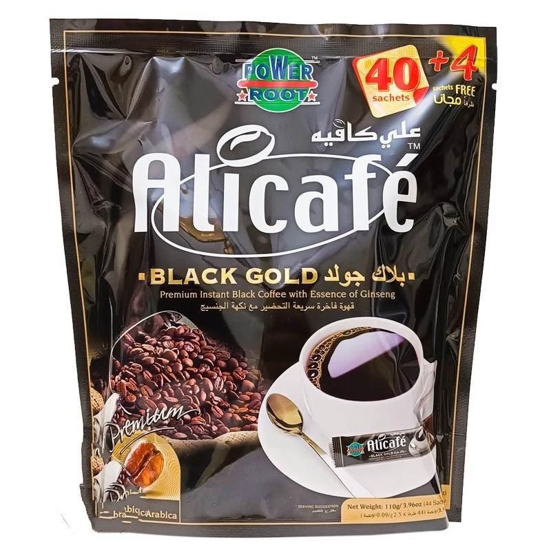 پودر قهوه علی کافه مدل Black Gold،شامل 44 عدد ساشه قهوه 25 گرمی در بسته،حاوی جینسینگ،ساخت کشور مالزی (تخفیف ویژه)
