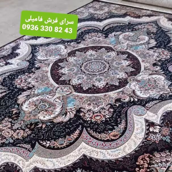 فرش ماشینی نقشه شهیاد 6 متری 700 شانه تراکم 2550 رنگ سرمه ای