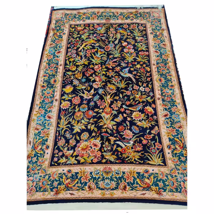فرش زرنیم  تمام ابریشم دستبافت 70 رج نقش گل و مرغ