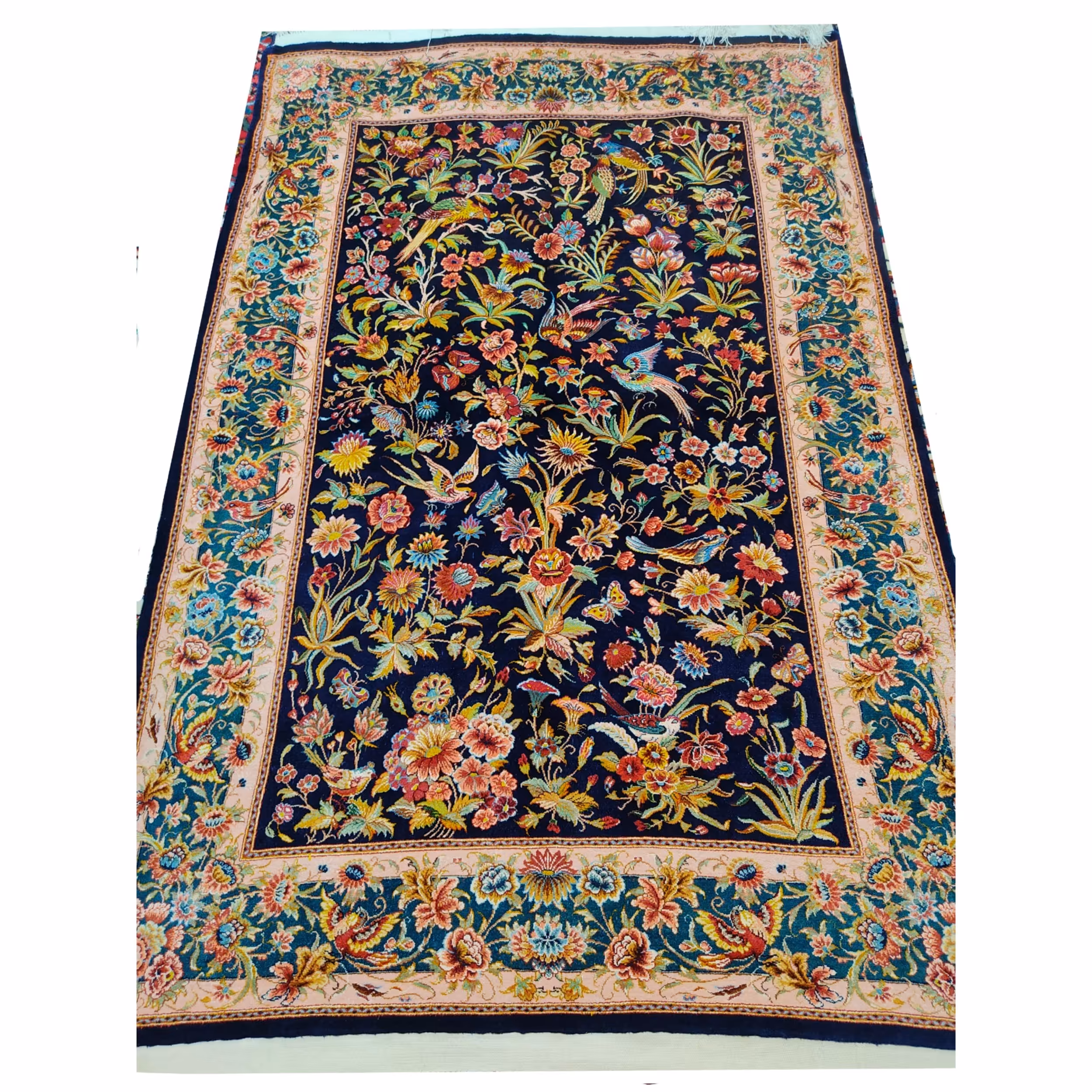 فرش زرنیم  تمام ابریشم دستبافت 70 رج نقش گل و مرغ