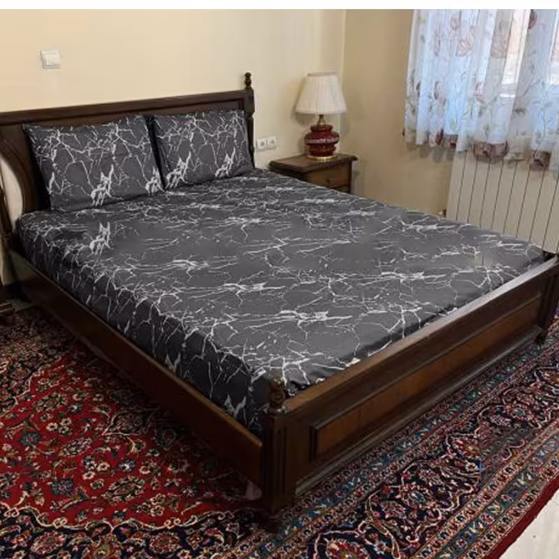 حراج روتختی کشدار 3 تکه تشک تخت دو نفره سایز (180)مدل ماربل (مشکی سفید)