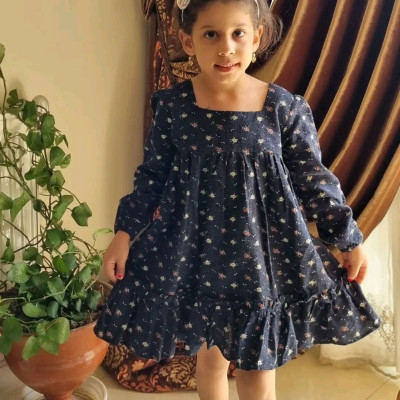 پیراهن دخترانه پاییزه گلدار جنس لینن کرکی مناسب برای 2 تا 6 سال