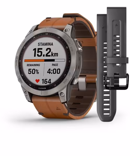 ساعت هوشمند گارمین مدل Fenix7 Sapphire Solar Titanium with Chestnut Leather Band