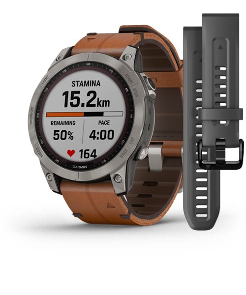 ساعت هوشمند گارمین مدل  Fenix7 Sapphire Solar Titanium with Chestnut Leather Band