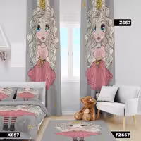 روتختی و دو عدد پنل پرده و فرش کودک طرح دختر موفرفری 2 بروا گالری با کیفیت عالی