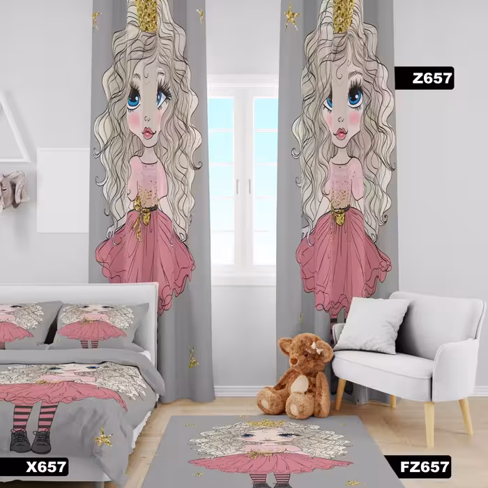روتختی و دو عدد پنل پرده و فرش کودک طرح دختر موفرفری 2 بروا گالری با کیفیت عالی