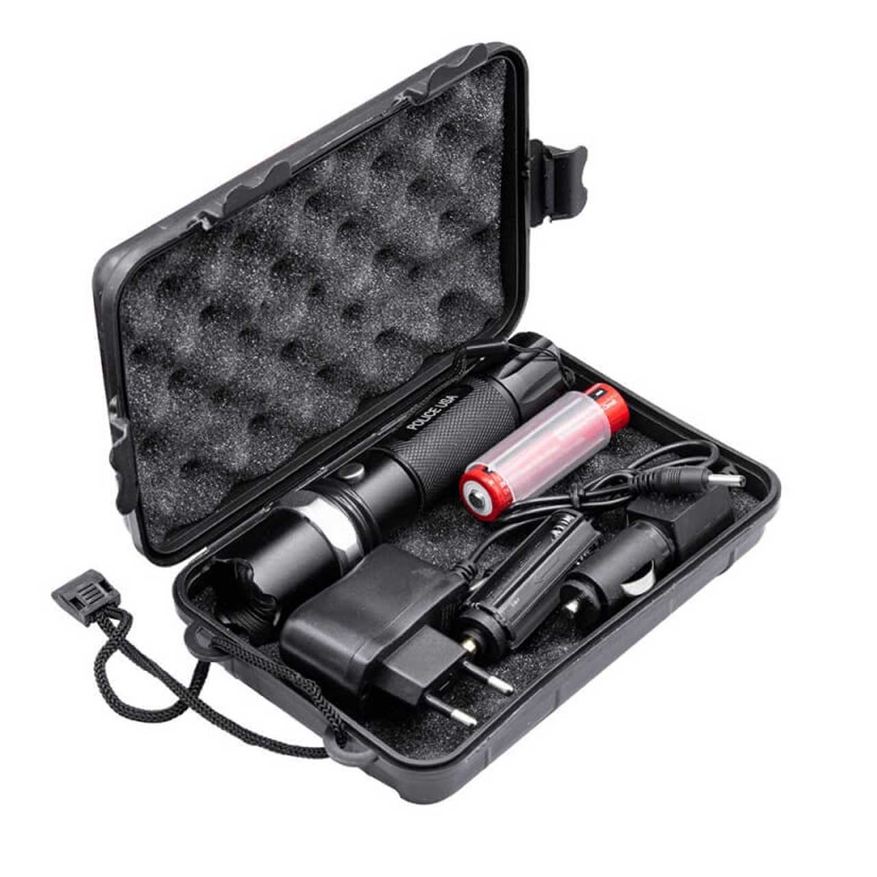 چراغ قوه نور سفید زوم دار پلیسی شارژی به همراه کیف و شارژر فندکی و شارژر 220 ولت مدل ML-808