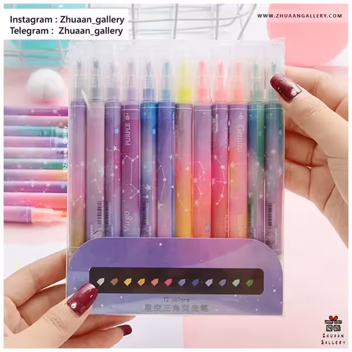 ست 12 رنگ ماژیک هایلایتر دو سر گلکسی