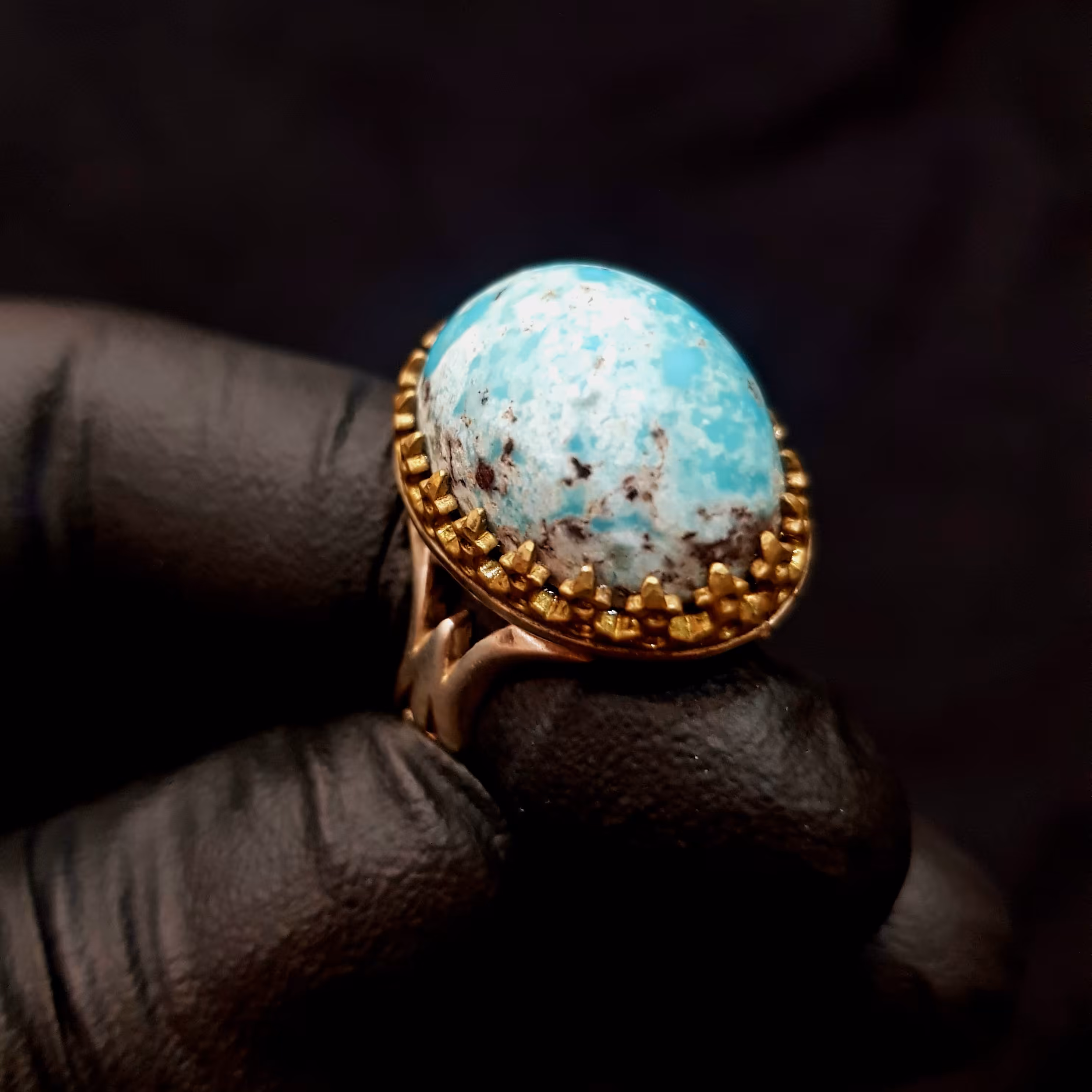 انگشتر نقره مخراج برنج و سنگ فیروزه نیشابوری