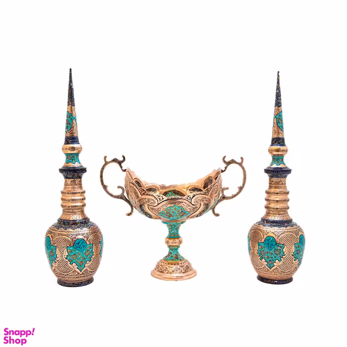 ست کشکول و تنگ مسی قلم زنی طرح تذهیب کد 7003 مجموعه 3 عددی