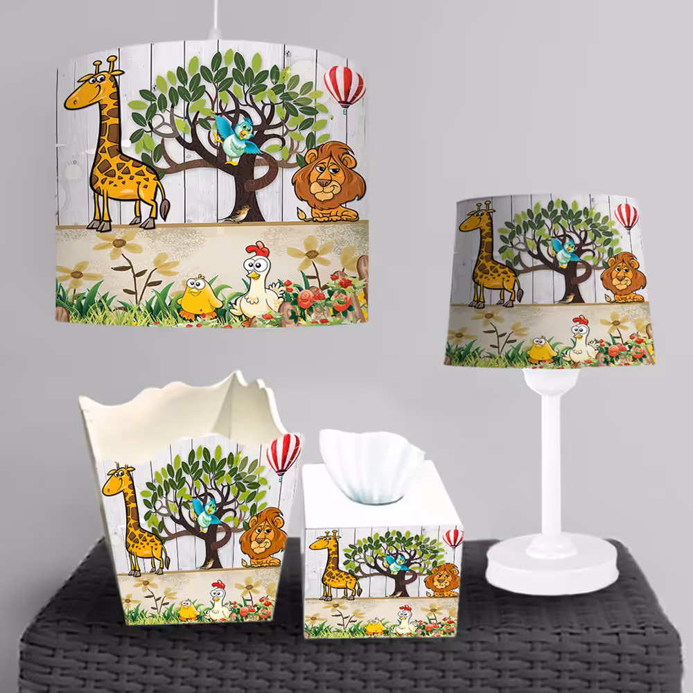 ست آباژور و جعبه دستمال کاغذی کودکانه طرح نقاشی حیوانات BA-7072