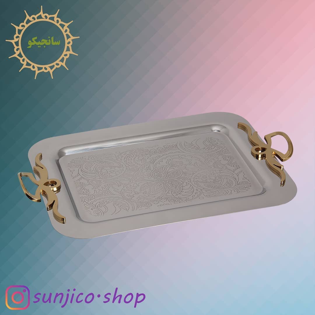 سینی پذیرایی استیل طرح دسته پاپیونی بدون پایه بزرگ(طلایی)