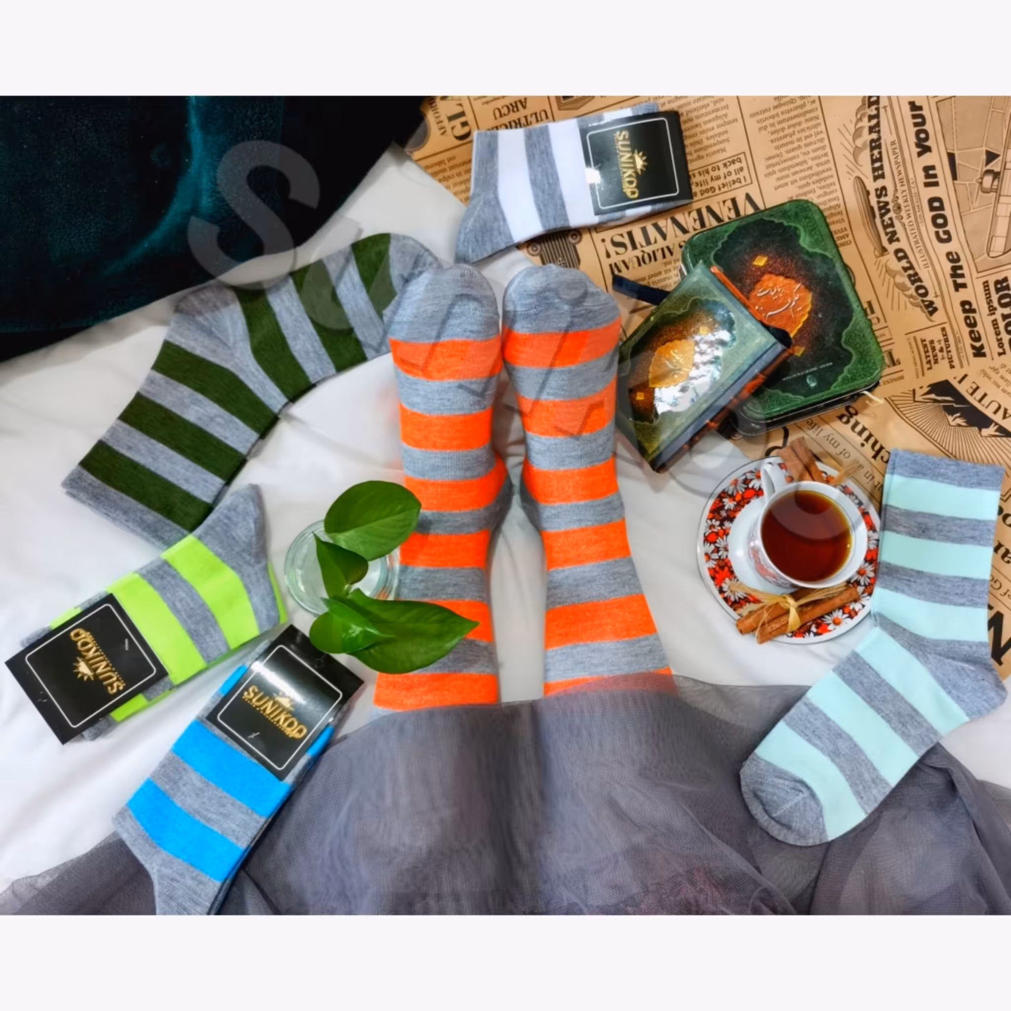 جوراب ساق بلند راه راه طوسی