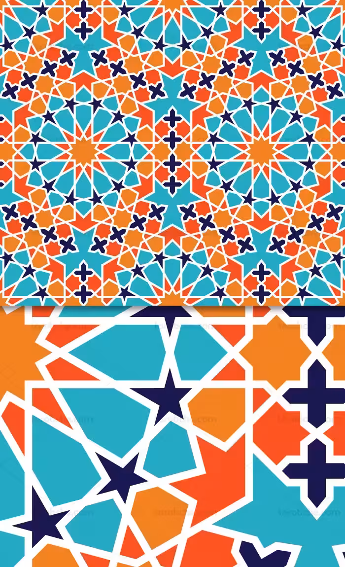 وکتور طرح پترن اسلامی با رنگ های آبی فیروزه ای،نارنجی و سرمه ای - گرافیک با طعم تربچه