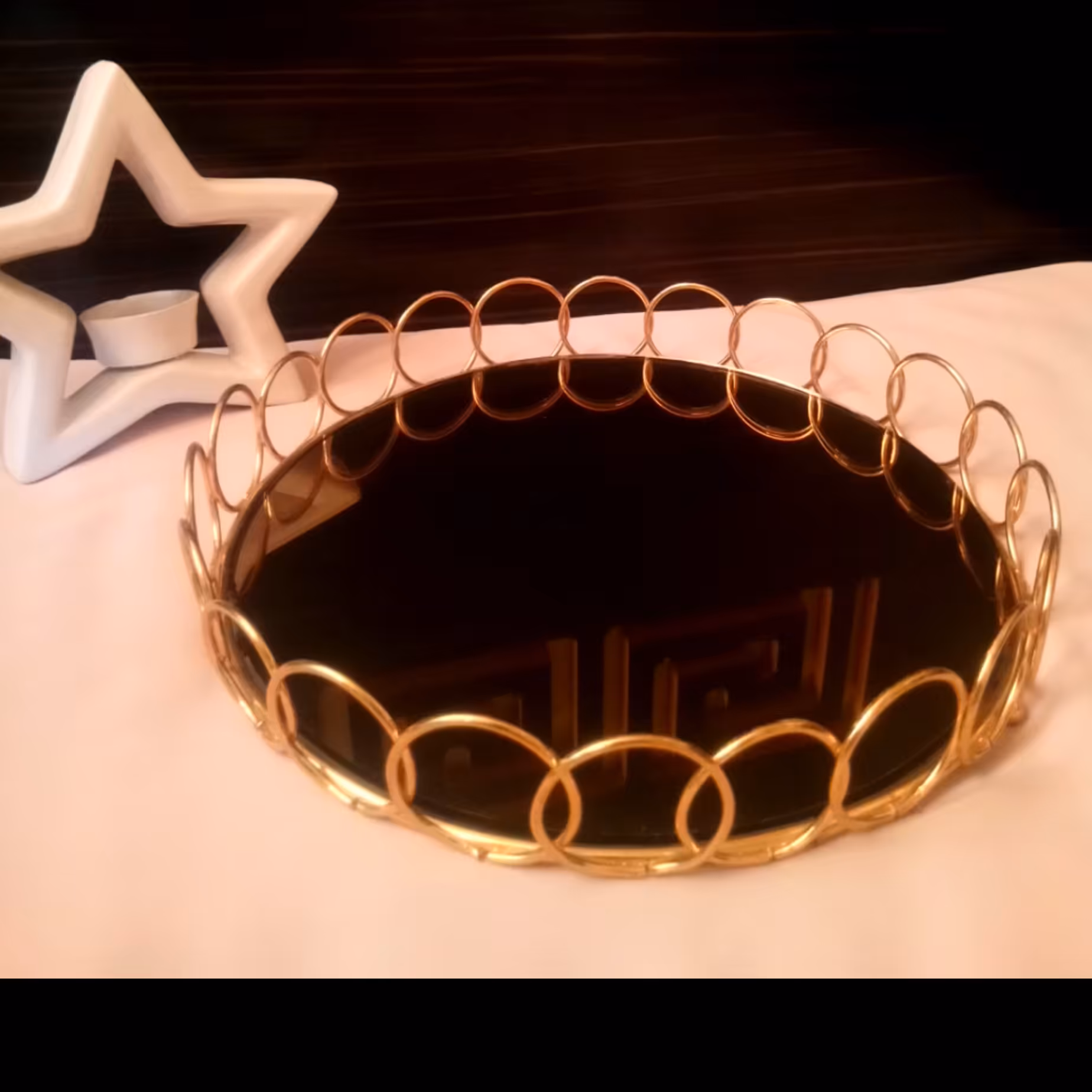 سینی پذیرایی مجلسی المپیک گرد طلایی با آینه برنز 