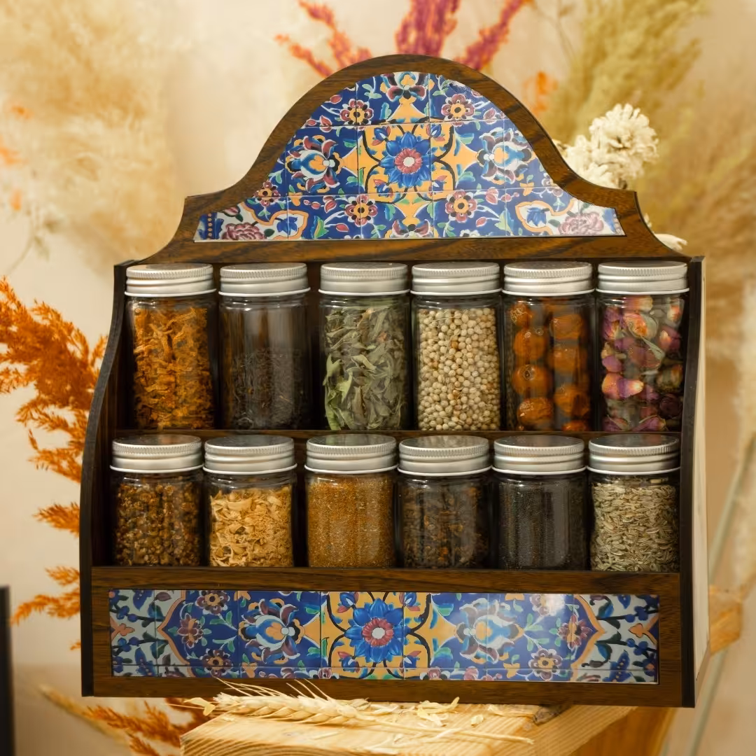 استندچوبی پاسماوری دوطبقه با 12 عددشیشه درب کانتینری مدل 2024طرح کاشی سنتی