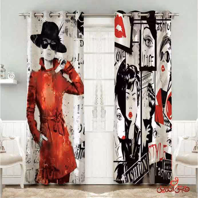 پرده 2عددی طرح زن قرمز پوش کد 2323