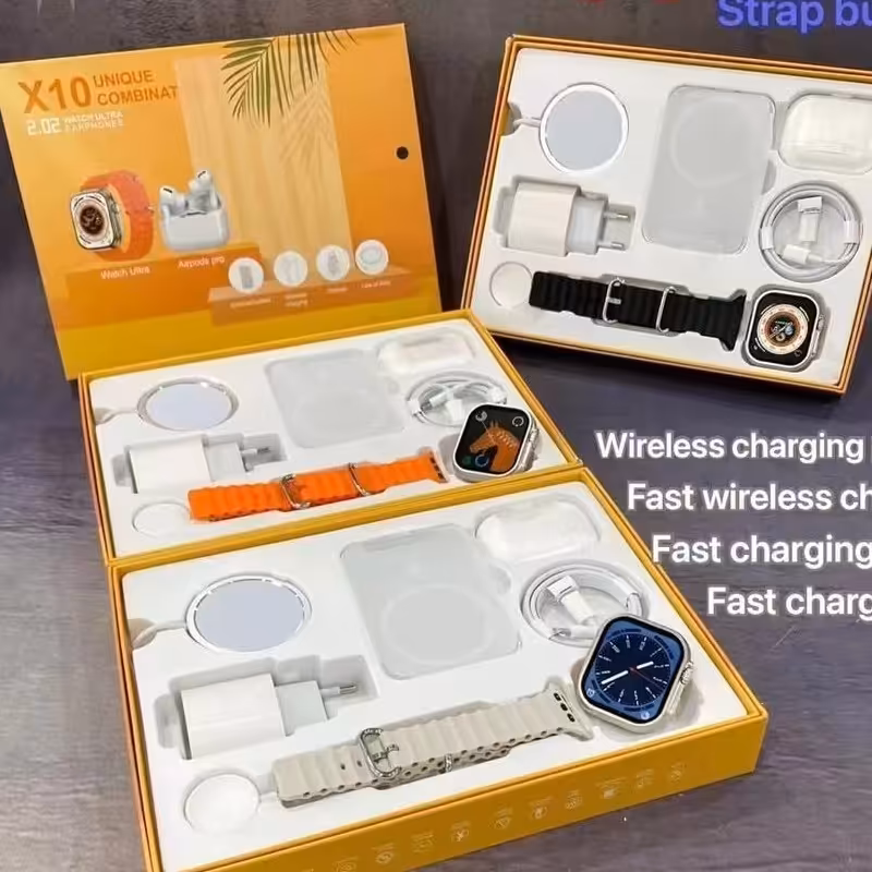 ساعت هوشمند 
پک کادوییx10 شامل(ایرپاد،اسمارت واچ ، آداپتور ، پاوربانک وایرلس و شارژر وایرلس ) 