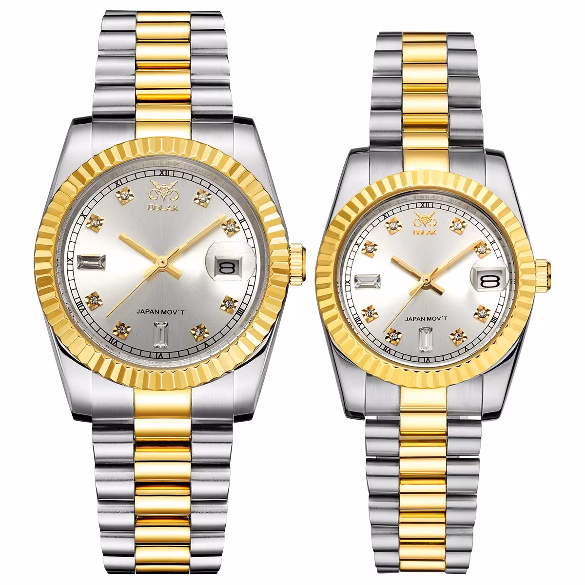 ست ساعت مچی عقربه ای زنانه و مردانه اوبلاک مدل 72691رنگ استیل طلایی صفحه نقره ای