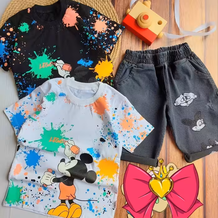 تیشرت شلوارک میکی آبرنگی  اسپرت دخترانه و پسرانه
