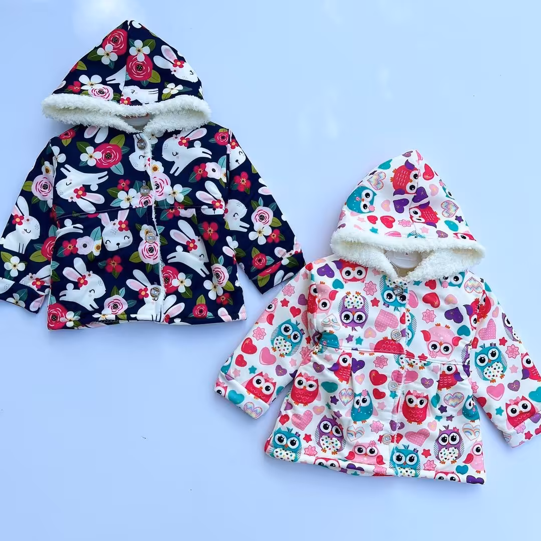 کاپشن دخترانه داخل خز مخمل طرح جغد و طرح خرگوش سرمه ای، مناسب تا حدود 3 سال