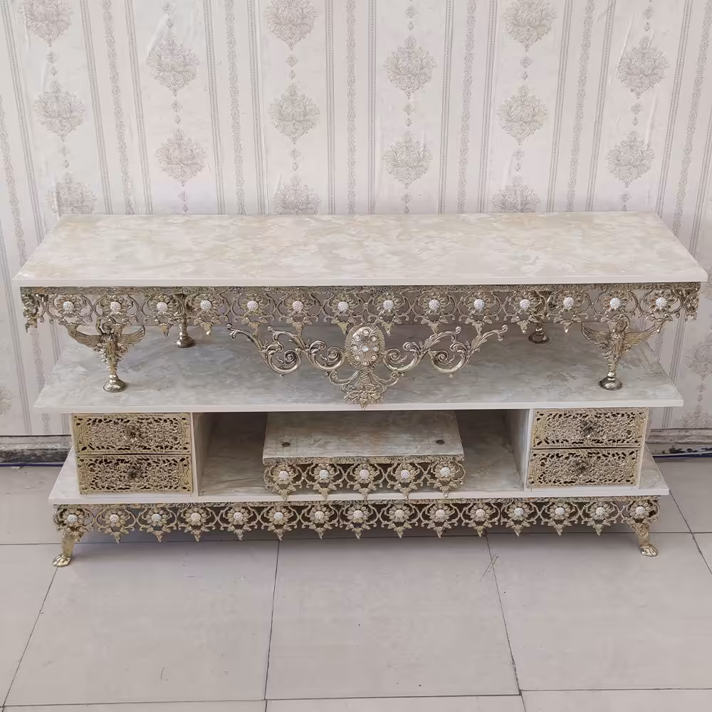 میز تلویزیون برنز مدل گل آفتابگردان سنگین 4 کشو برنزی برنجی طول 140 کد 9854