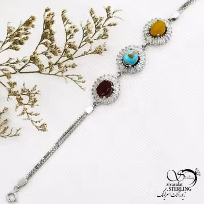 دستبند نقره با سنگ 3تایی عیار925 کد 13981