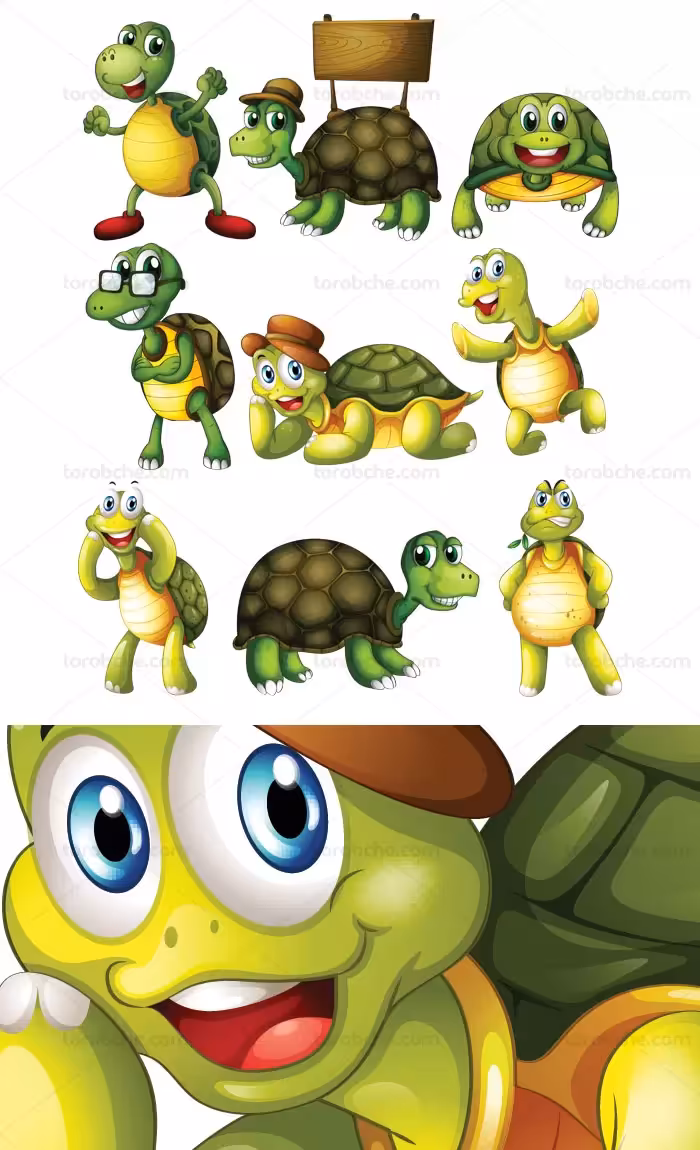 وکتور لایه باز لاکپشت کارتونی در موقعیت های مختلف - گرافیک با طعم تربچه