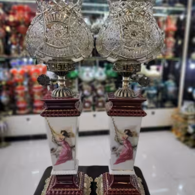 چراغ ایتالیایی با لاله کریستال و قطعات برنزی