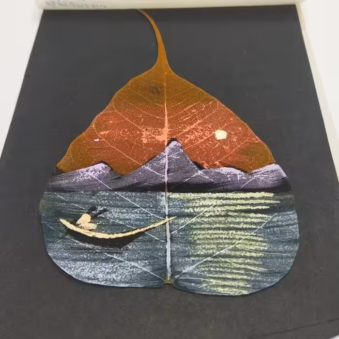 نقاشی قدیمی بر روی برگ انجیر طبیعی (هندی) شماره 4