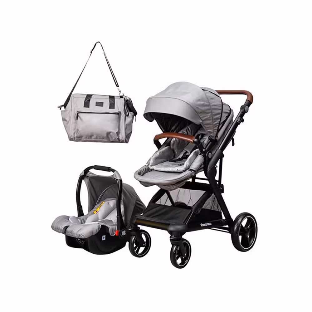 ست کالسکه و کریر کیکابو kikkaboo به همراه ساک لوازم مدل jolie طوسی