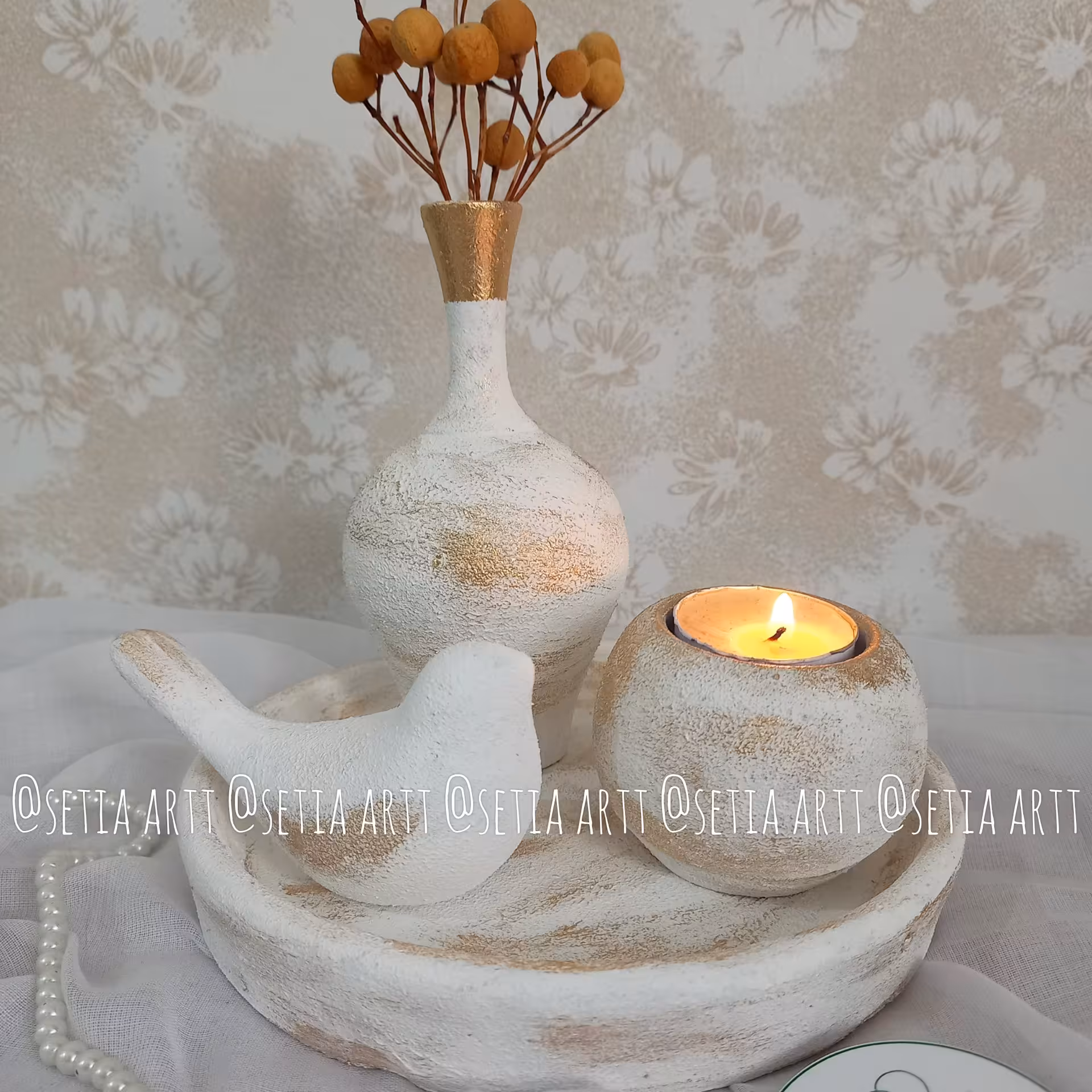 ست دکوراتیو رومیزی  طرح پتینه  شیک گلدان جاشمعی سینی پرنده سفالی 