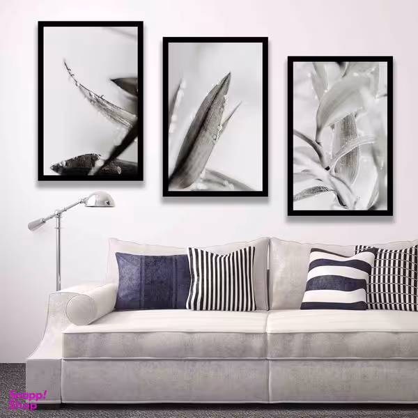 تابلو بکلیت طرح دکوری مدرن برگ سیاه و سفید مدل B-1512 مجموعه 3 عددی