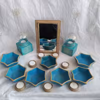 ست کامل هفت سین کاسه سفالی فیرزه ای لب طلایی 369فانوس چوبی آیینه جاوارمری وارمر