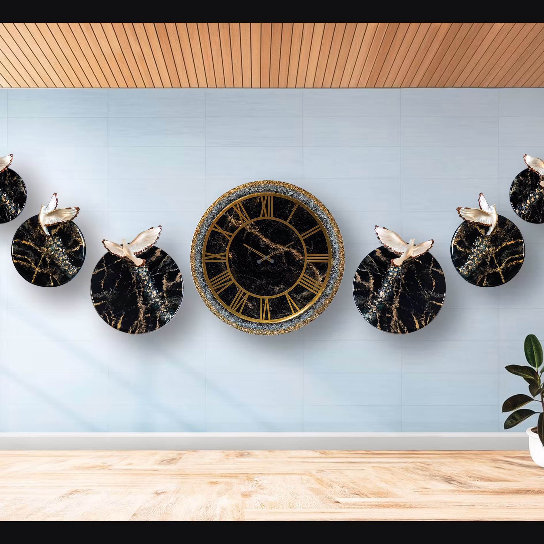 ساعت  رزینی   تکنیک مرمر مشکی  با کریستال(پس کرایه)  