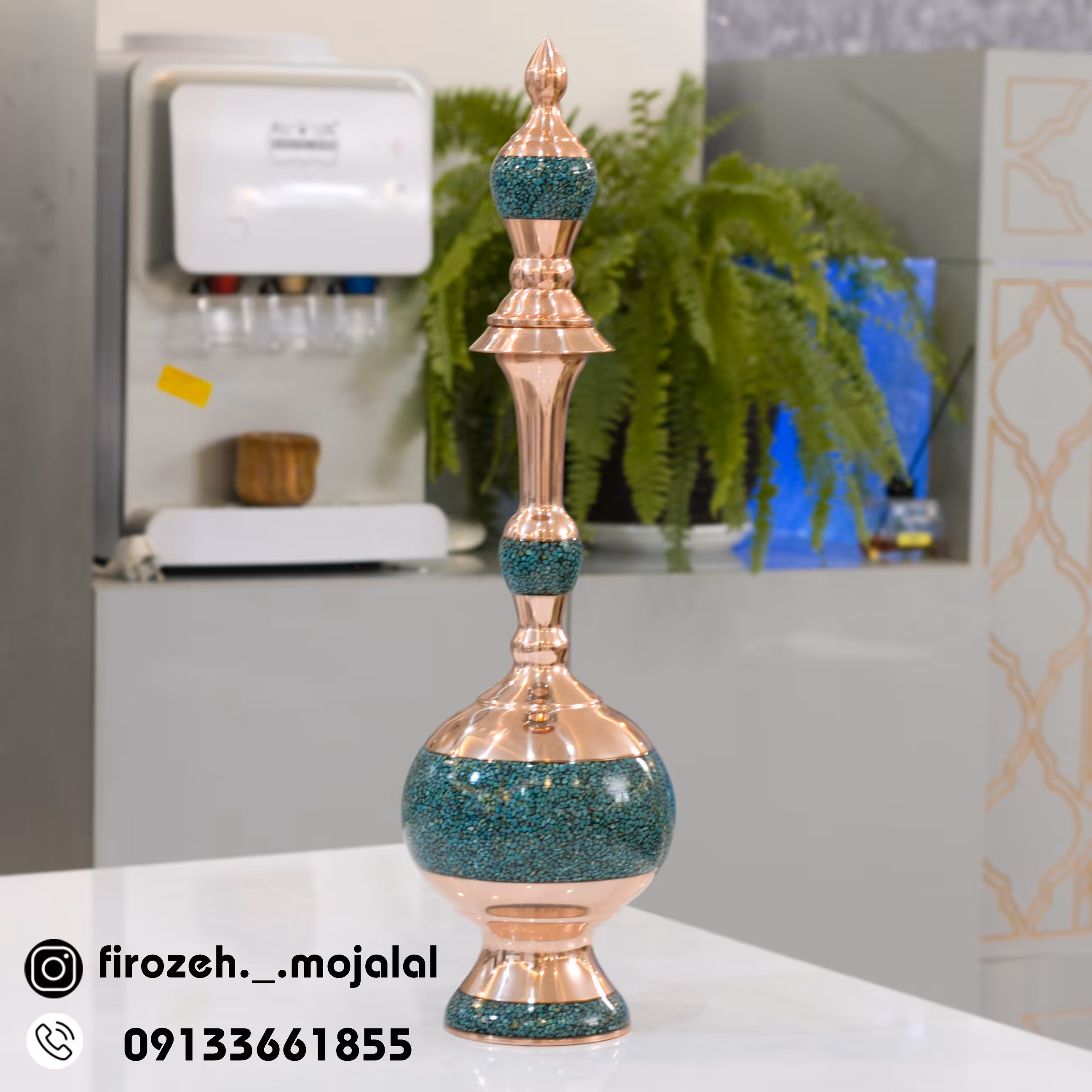 تنگ فیروزه کوبی مسی ارتفاع 57 سانتی متر