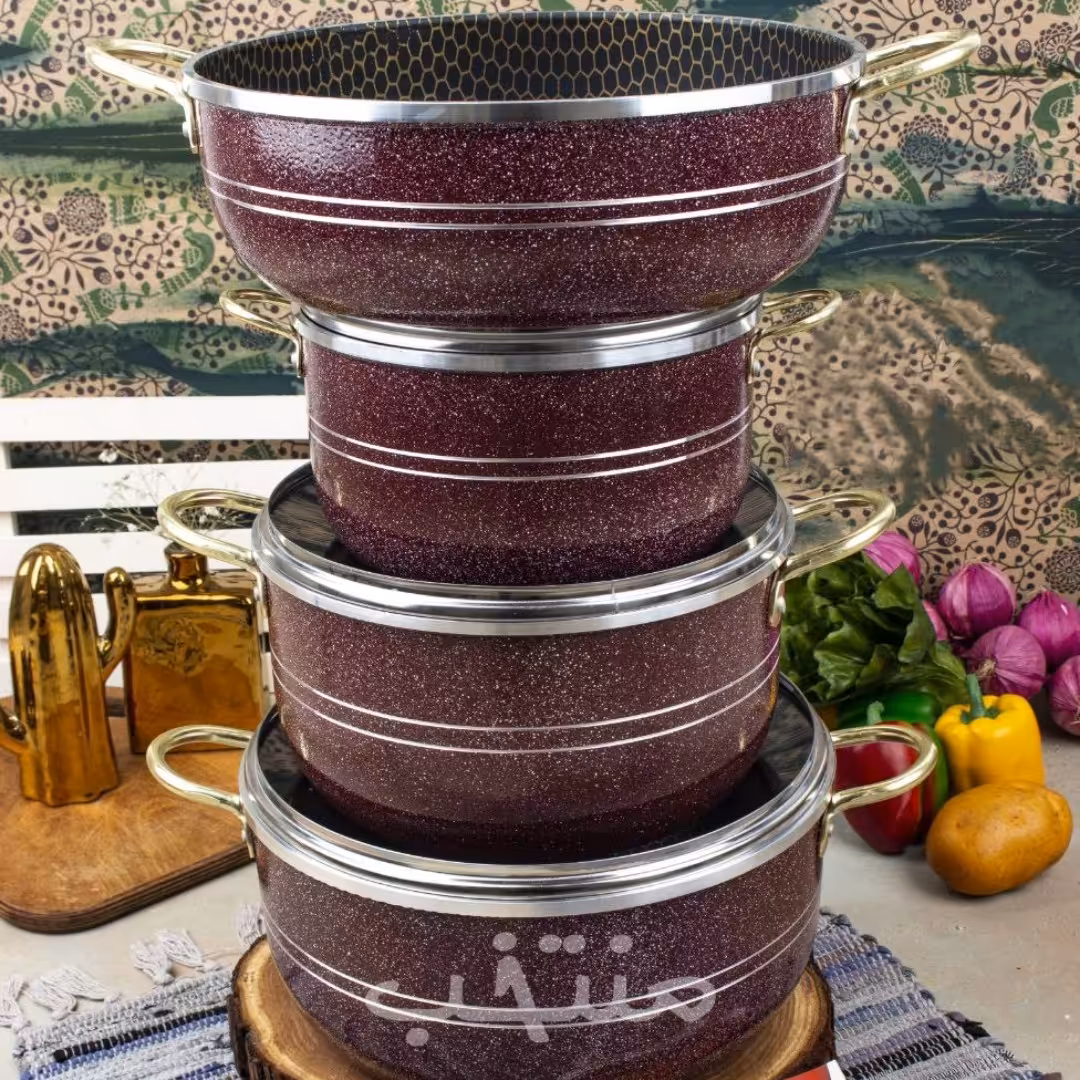 سرویس قابلمه 7 پارچه دسته و قوپه  طلایی  زرشکی داخل گرانیت زنبوری 