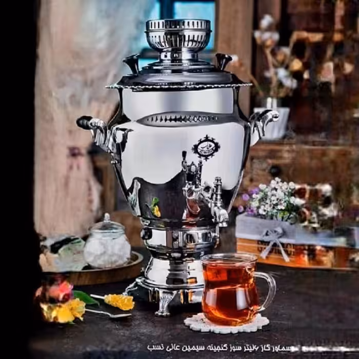 سماور گازی عالی نسب مدل گنجینه سیمین 6 لیتری پیلوت دار 