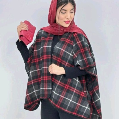 پانچو زنانه پشمی موهر اعلا مدل چهارخونه جادور