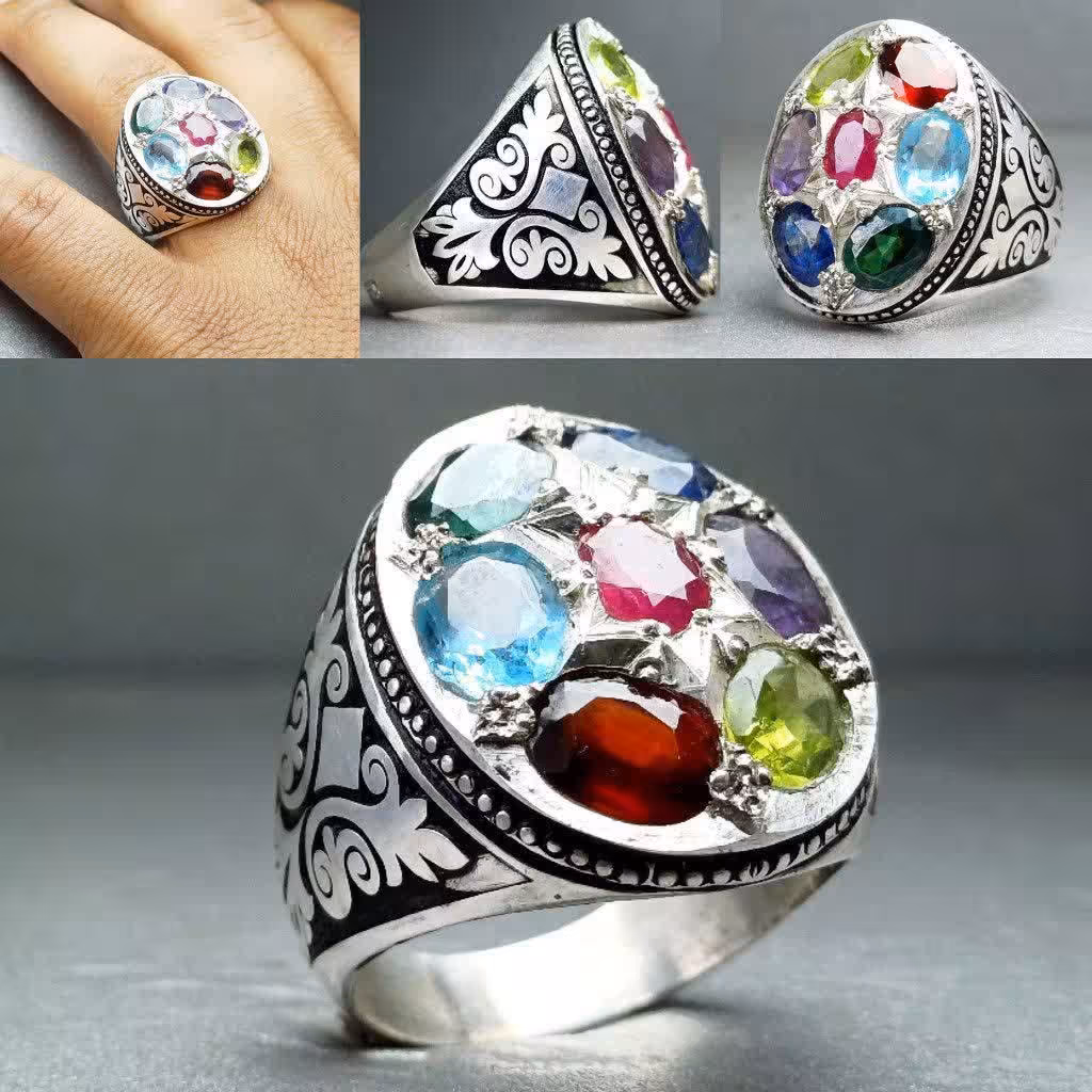 انگشتر هفت نگین اصلی رکاب نقره دستساز نقره عیار 925ارسال رایگان