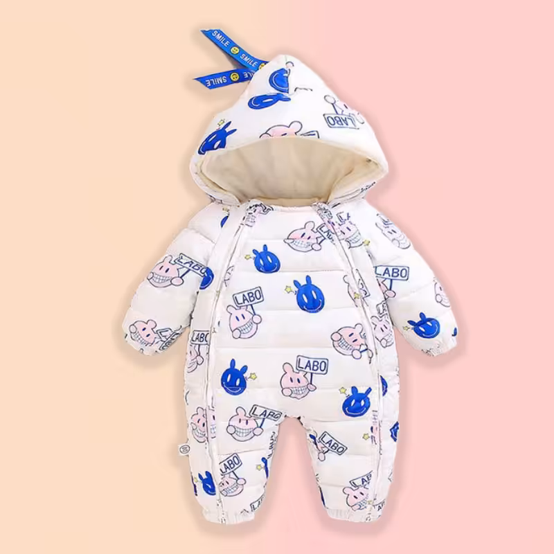 کاپشن سرهمی کلاه دار نوزادی پسرانه طرح ایموجی سرمه ای