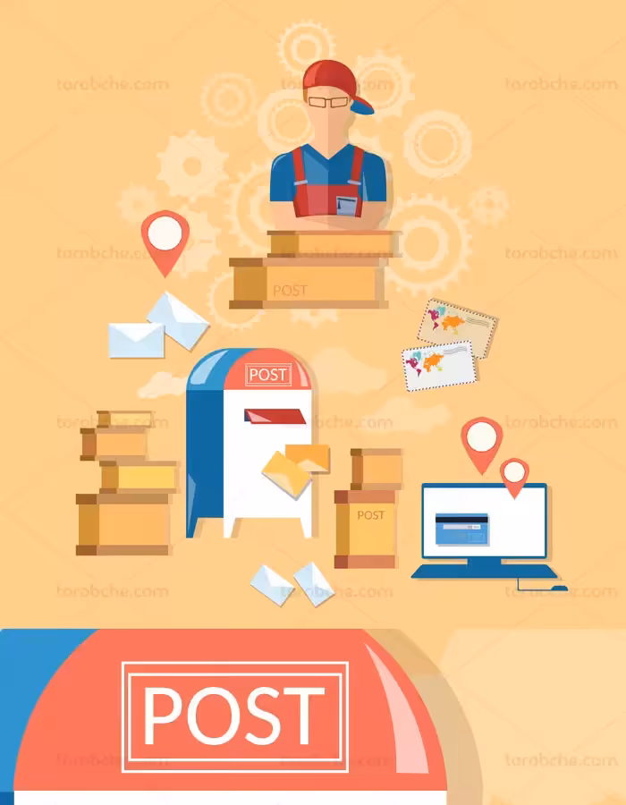 وکتور فلت مامور پست و صندق پستی با پاکت نامه - گرافیک با طعم تربچه