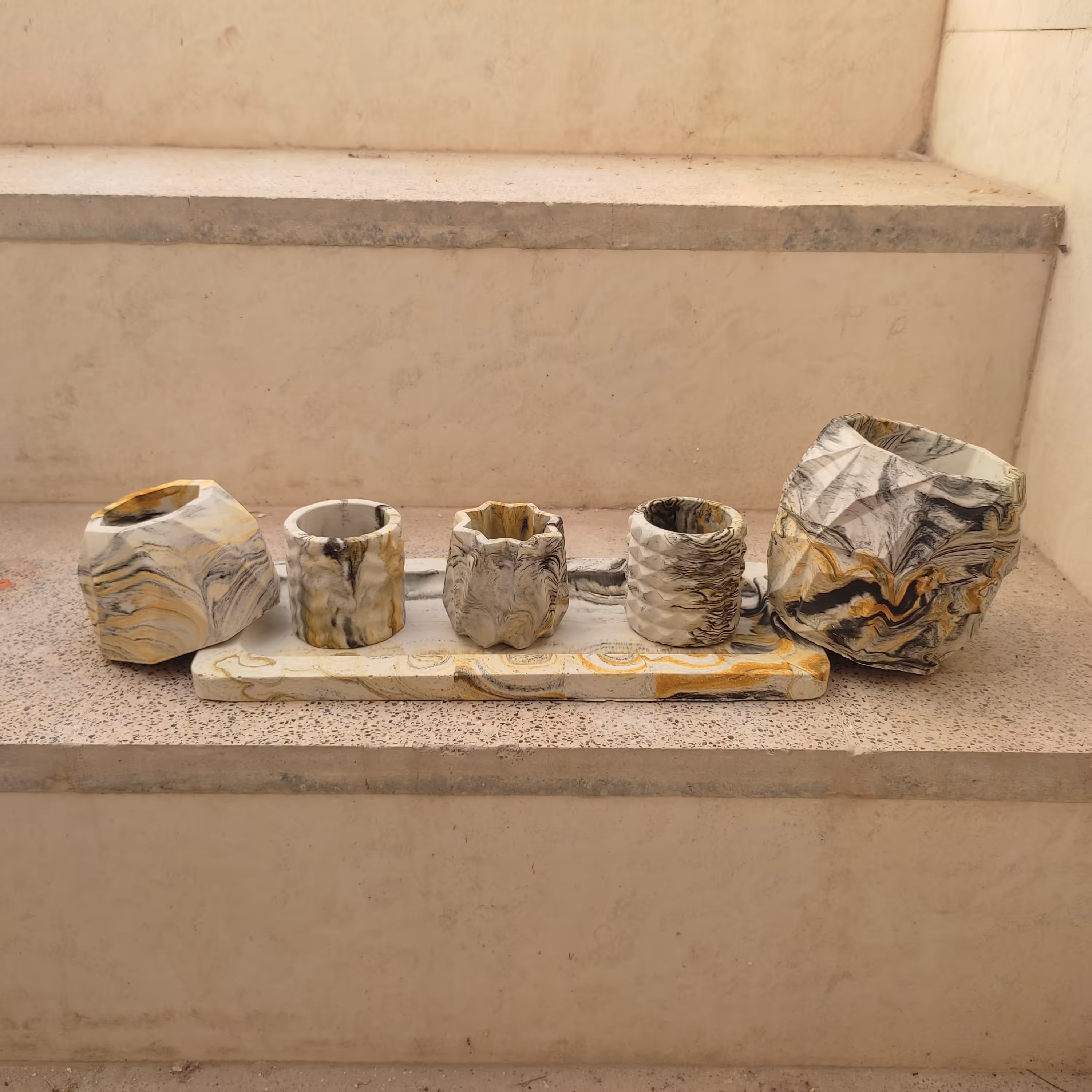 مجموعه شش عددی گلدان فانتزی و سینی مستطیلی سنک مصنوعی ، ضد آب و محکم