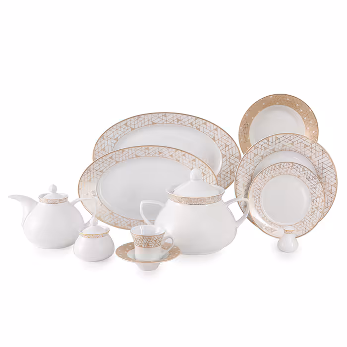 سرویس چینی زرین 12 نفره کامل ژئومتریکال نقره ای (108 پارچه)