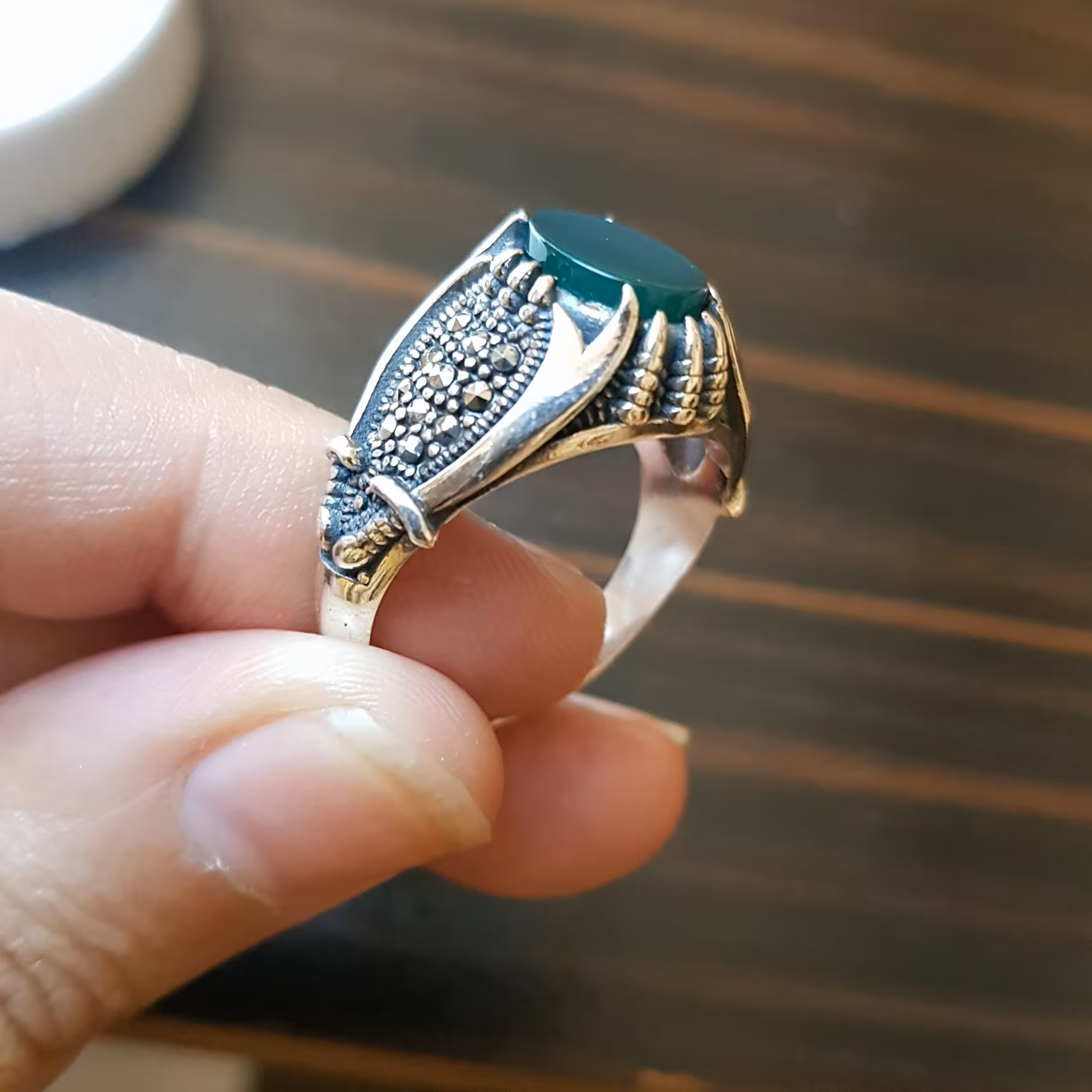 انگشتر  عقیق سبز یمنی نقره مردانه طرح ذوالفقار